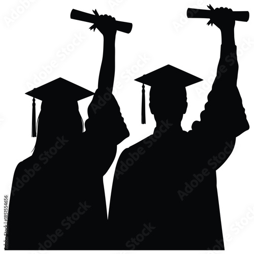 Two silhouettes of graduates in caps and gowns holding diplomas graduation