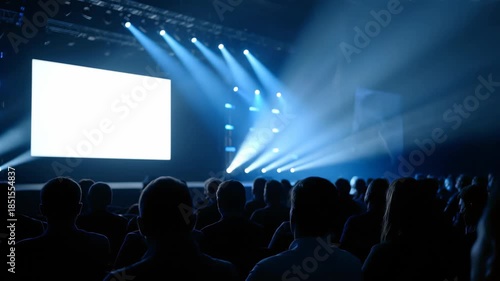 Silhouettes of business professionals watching a large blank presentation screen under dramatic blue stage lighting, concept for corporate identity, keynote presentation and product launch event