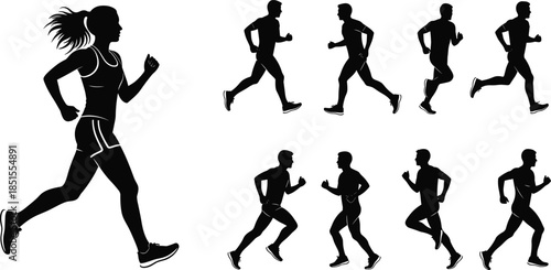 Set of running man and woman silhouettes, healthy active lifestyle vector illustration, sport running exercises, athlete marathon jogging poses, workout training symbol collection.