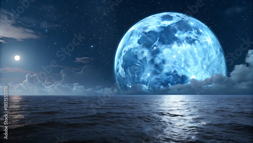 Enormous glowing blue moon rising over a dark ocean at night with stars visible in the sky and clouds near the horizon