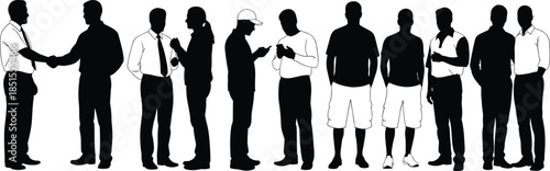 Set of various men and women silhouettes, business people, casual friends, and modern device users vector illustration collection, communication, interaction, and standing poses.