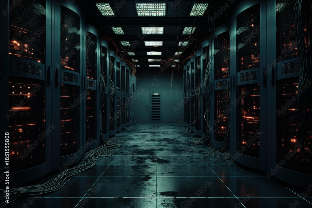 Fototapeta premium Server racks with glowing lights filling a dark data center processing information