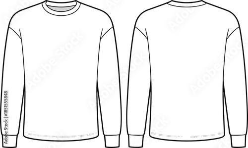 Blank long sleeve t shirt front back view, apparel mockup template, fashion technical sketch, clothing design, cad drawing flat vector illustration