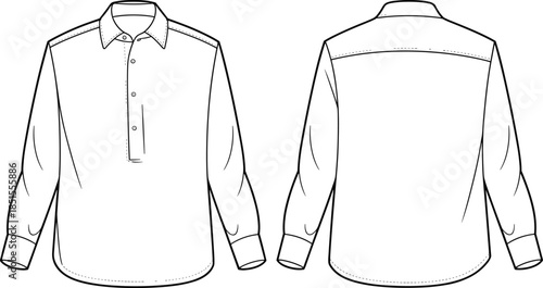 cad drawing flat vector illustration, fashion technical shirt sketch front back view, apparel design template, garment construction outline, clothing pattern art