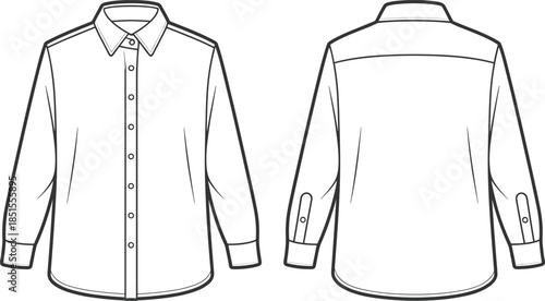 cad drawing flat vector illustration, fashion technical shirt sketch front back view, apparel design template, garment construction outline, clothing pattern art