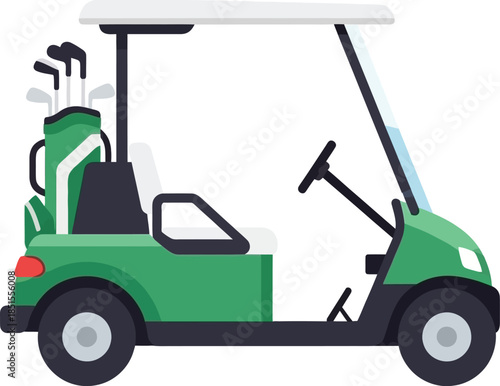 Green golf cart with clubs side view illustration on transparent background