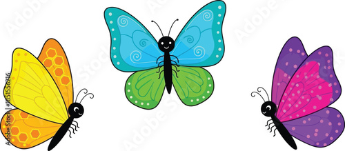 Colorful cartoon butterflies in various shades perfect for designs on transparent background