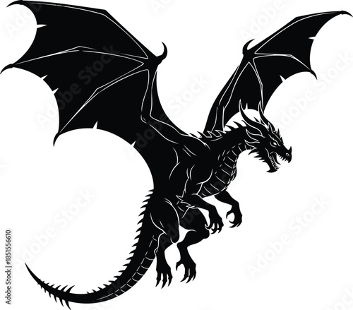 Vector illustration of a black halloween bat and fantasy flying monster creature with demon wings in a graphic tattoo art style