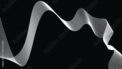 Abstract white flowing wave lines on black background dynamic sound frequency curve modern minimal line art design