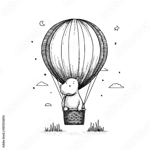 A hippo in a hot air balloon floating among stars and clouds in a black and white line drawing