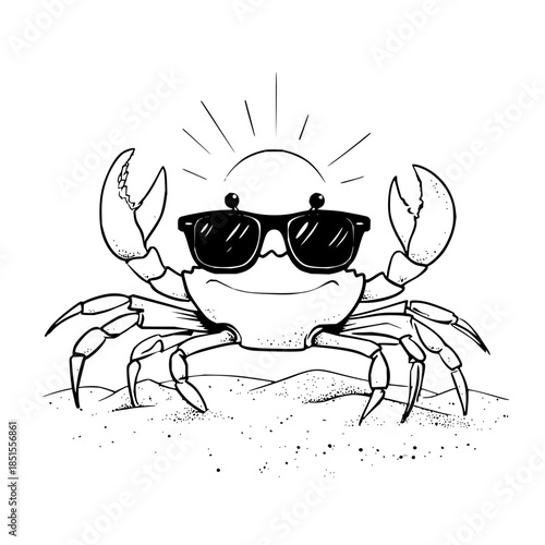 Illustration of a crab wearing sunglasses on a sandy surface with sun rays shining above it alluding summer