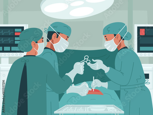 Surgical Team Performing Operation in Operating Room Flat Illustration