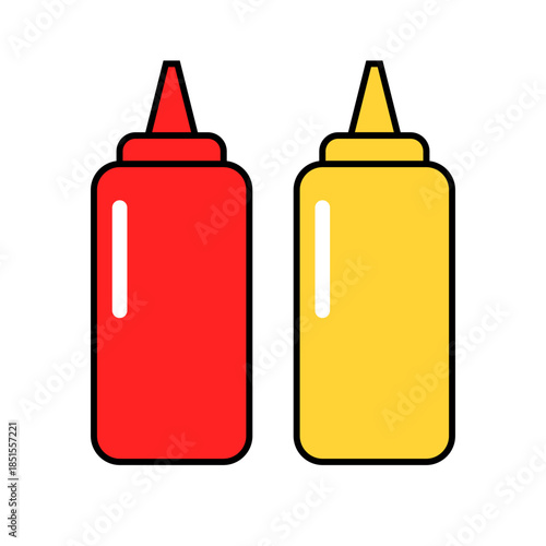 Flat Design Ketchup and Mustard Squeeze Bottle Icon Set. Vector.