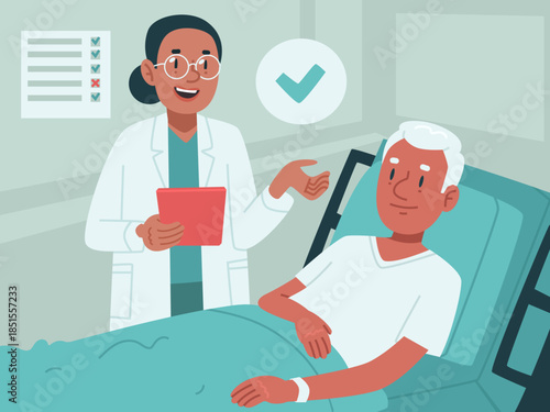 Doctor Visiting Patient in Hospital Ward Flat Illustration