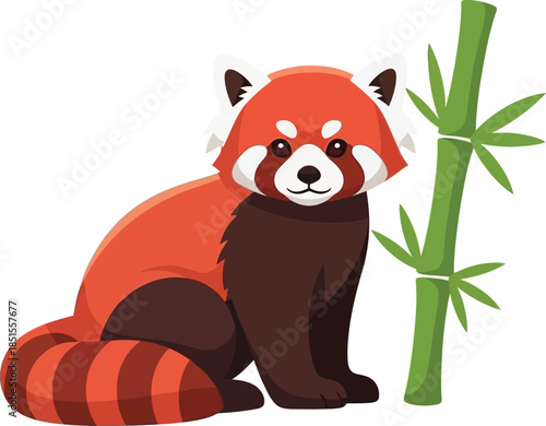 Adorable red panda sitting near bamboo stalks on transparent background