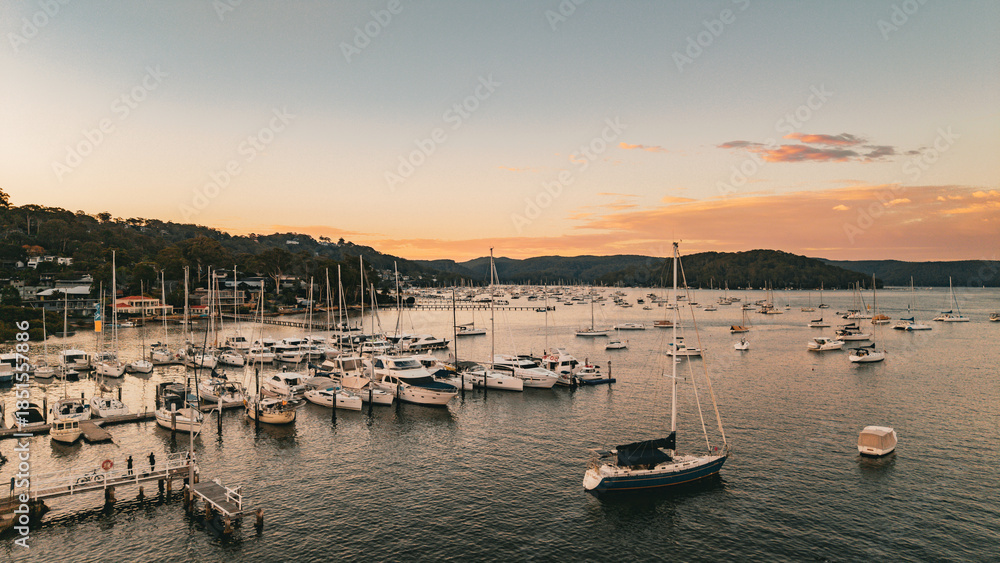 Fototapeta premium Aerial View of Bayview, Northern Beaches, NSW, Australia. Aerial Coastal Landscape.