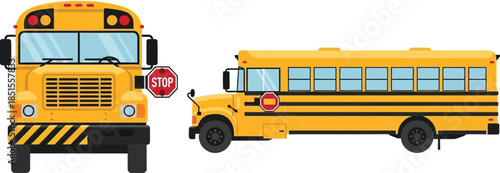 Detailed yellow school bus illustration front and side views on transparent background