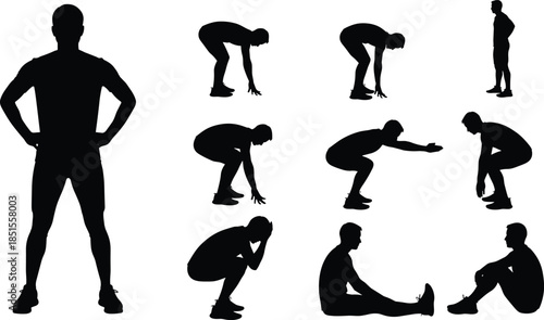 Man stretching and exercise silhouette collection, body warm up movements, fitness training poses, squat and flexibility workout, black minimalist vector illustration set