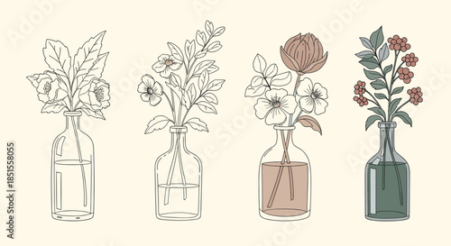 Set of four minimalist hand-drawn illustrations showing different flower bouquets arranged in clear and colored glass bottles or vases.
