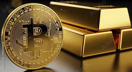 A golden bitcoin alongside gold bars symbolizing digital wealth and investment