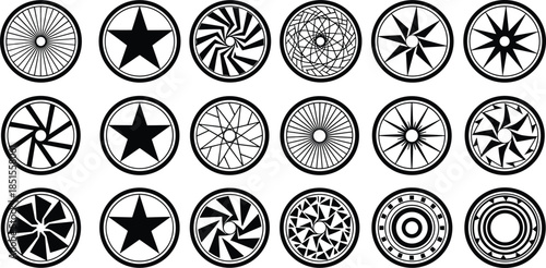 Abstract radial geometric wheel, black white circular pattern, vector symmetry design, modern art, mandala style, cad drawing flat vector illustration