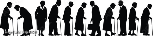 Elderly people silhouette collection, senior men and women standing with walking canes, aging concept, retirement life, healthcare support, black vector illustration