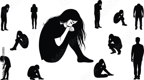 Depressed people silhouette illustration set, emotional stress anxiety sadness poses, mental health concept, psychology therapy awareness, minimalist black vector design