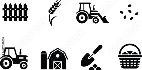 Agriculture farming icons set, tractor barn seed tools harvest symbols collection, rural countryside concept, cad drawing flat vector illustration
