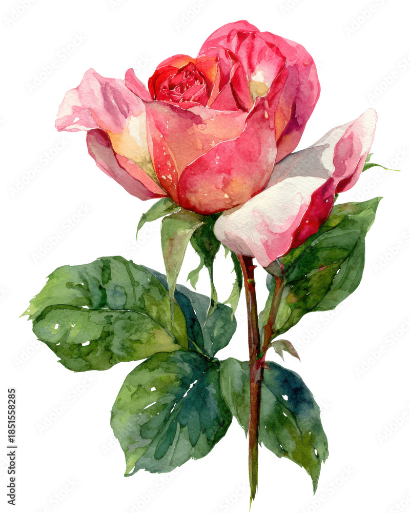Obraz premium Watercolor Painting Of A Pink And Red Rose With Green Leaves On A Black Background pink rose, Isolated, Png Transparent Background