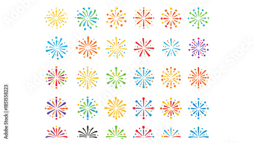 Colorful minimalist firework icons and vibrant celebratory sparkler burst vector set