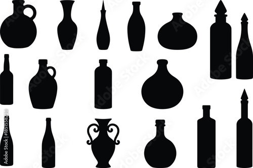 Bottle and vase silhouette collection, black and white design, diverse container shapes, decorative vessel illustration, artistic form study
