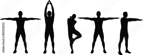 Fitness exercise poses silhouette set, people stretching and balancing movements for yoga, workout training, healthy lifestyle, minimalist black vector illustration