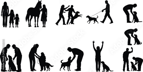 People with dogs silhouette collection, human and pet interaction scenes including walking, training, playing, care, family activities, black vector illustration set