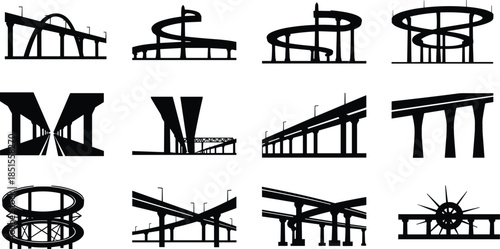 Bridge overpass icon set, highway ramp silhouette, spiral interchange structure, black white vector, cad drawing flat vector illustration