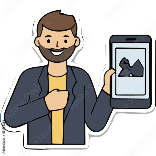 Man Shows Broken Phone Screen in Cartoon Style