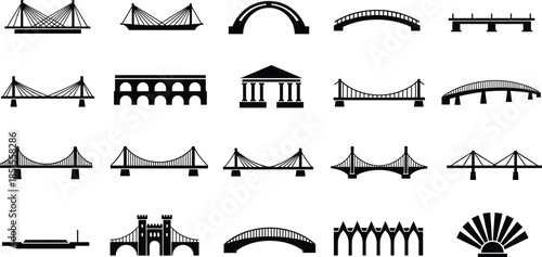 Bridge silhouette collection set, iconic architectural structures, suspension arch and beam bridges, urban infrastructure symbols, cad drawing flat vector illustrationvvvvvvv