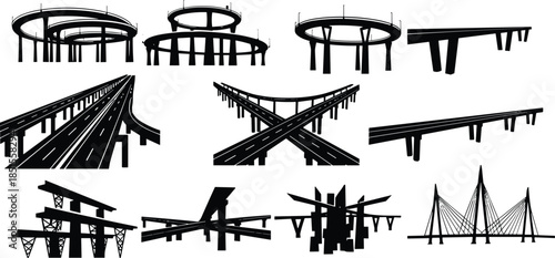 Bridge highway icon set, circular interchange cable-stayed structure, elevated road silhouette, black white vector, cad drawing flat vector illustration