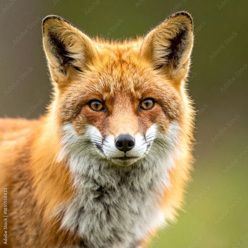 Fototapeta premium A close-up portrait of a red fox, its alert gaze and vibrant reddish-orange fur contrasting against the blurred green background