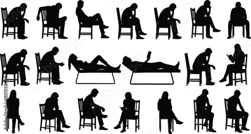 People sitting on chairs silhouette collection, diverse seated poses for therapy, waiting, reading, relaxation, minimalist black vector illustration set