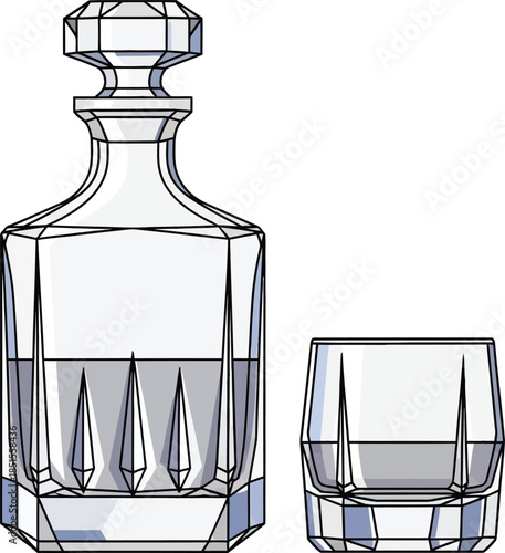 Elegant crystal decanter and tumbler glass illustration on transparent background