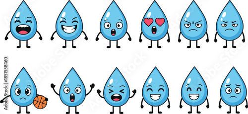 Cartoon water droplet emotions, cute character icons, facial expressions vector, playful mood set, flat design, cad drawing flat vector illustration