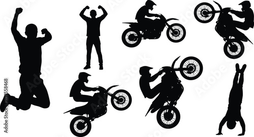 Extreme sports action silhouettes set, motocross bike stunts and athletic jumps, adrenaline lifestyle, freedom, power, adventure, dynamic movement vector illustration