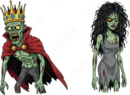 Cartoon zombie royalty, undead king and queen, horror fantasy characters, green skin decay, tattered clothes, spooky illustration, Halloween design