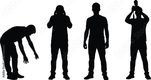 Father and child interaction silhouettes set, parenting moments from fatigue to joy, family life stages, emotional bonding, modern fatherhood vector illustration