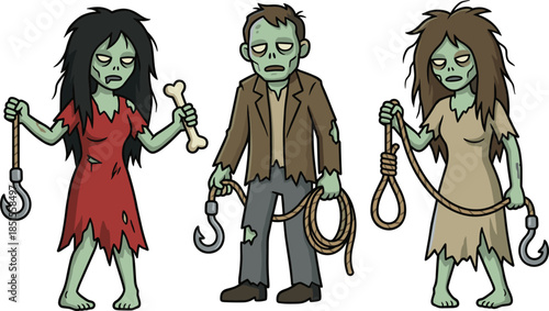 Cartoon zombies, horror characters, Halloween theme, creepy trio, hooks and ropes, scary outfits, undead scene, stylized monsters, spooky, green skin