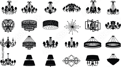 Chandelier silhouette collection set, luxury classic and modern ceiling lighting fixtures, decorative interior lamp designs, elegant home decor, cad drawing flat vector illustration