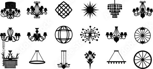 Chandelier silhouette collection set, modern and vintage ceiling light fixtures, decorative interior lighting designs, luxury home decor icons, cad drawing flat vector illustration