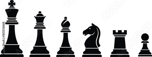 Chess pieces silhouette set featuring king, queen, bishop, knight, rook, pawn, strategy game concept, black and white illustration