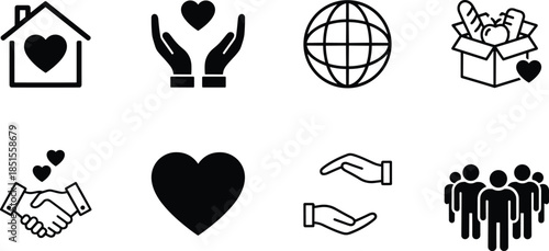 Charity care icon set, heart hands globe donation community support symbols, black white vector, cad drawing flat vector illustration