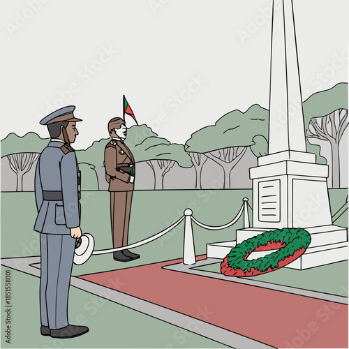 Soldiers stand guard at a war memorial honoring fallen heroes with a wreath and flag.